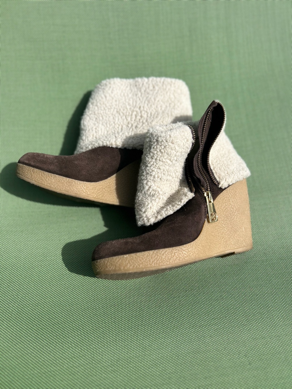 Michael Kors Brown Suede and Cream Sherpa Wedge Ankle Boots - Michael K - Picture 2 of 4